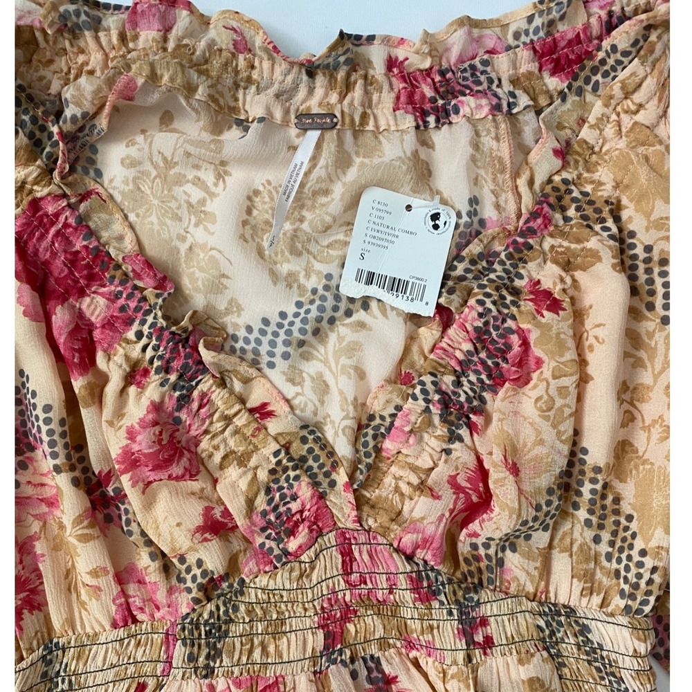 Free People Floral Maxi Dress Natural Combo V-Neck Smocked Waist Small OB2097030 - Picture 6 of 15